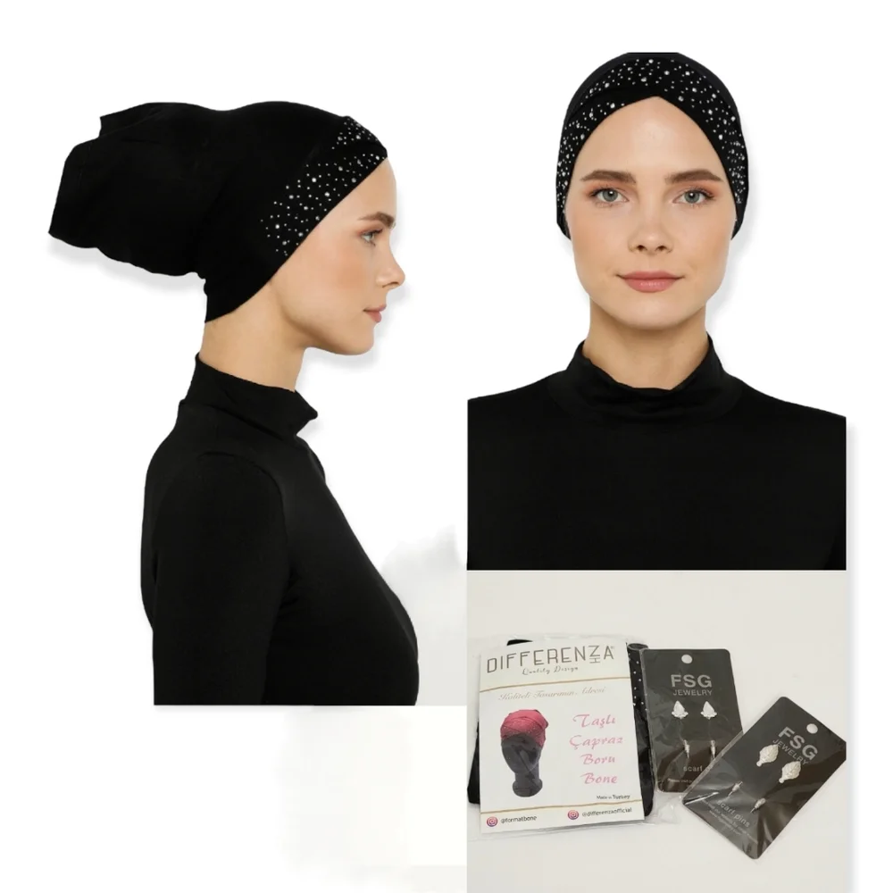 5 pieces set hijab, rhinestones bonnet/under scarf & safety pins